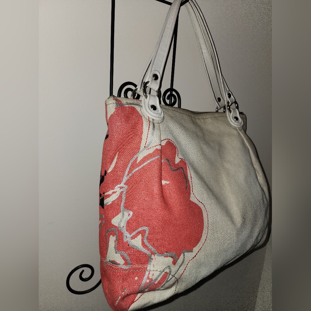 Coach Poppy Leather Canvas Sequins Floral Paint Splash Embroided Purse Tote Pink - Picture 10 of 16